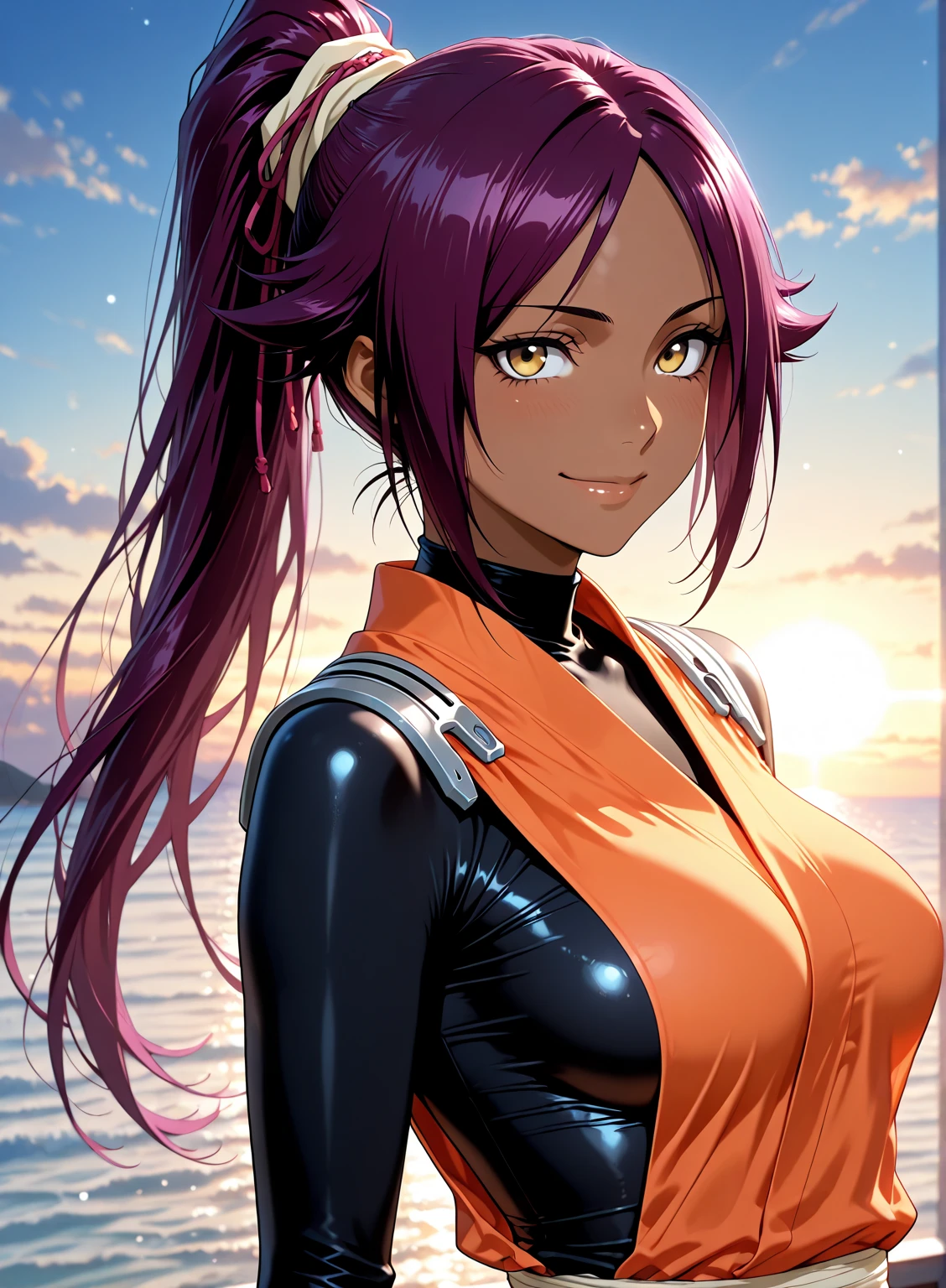 shihouin yoruichi, wearing tight orange one piece bikini, beautiful yellow eyes, beautiful purple hair, hyper detailed, hyper realistic, beach background, pony tail, hands on hips