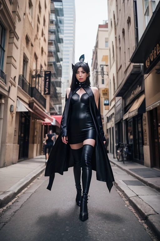 Female vampire　Front of face　Full-body strap black dress　Black Cape　Black choker　
High heels　Mesh Socks