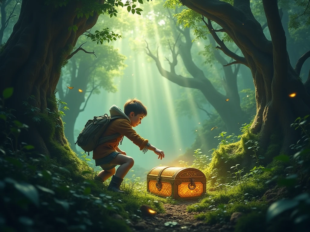Story of golden rabbit - As Pip continued his adventure, he came across a small, old chest buried under a bush. Excitedly, he used the golden key to unlock it.