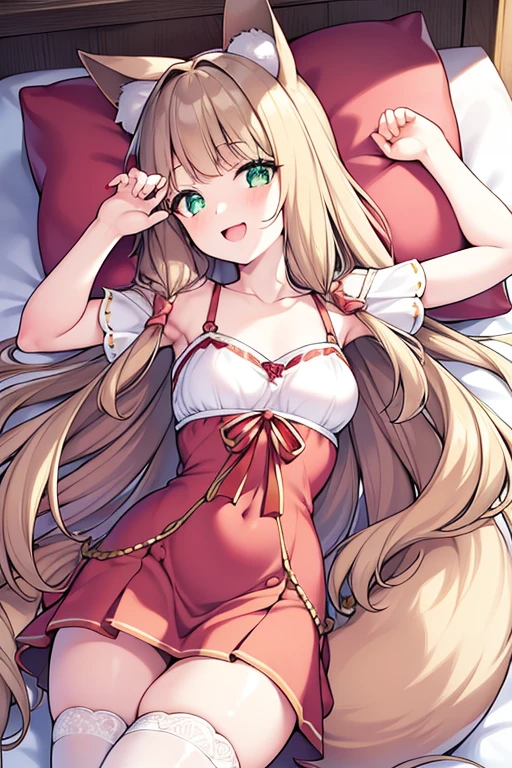 A sexy cute blue eyed blond Neko girl whos full on blushing whos body is exposed whos laying on a bed with her legs spread wide open with her knees near her head with a red really short skirt with a front end of the bed image and her butt is pointed near the cam on a luxurious bed with a full body shot and she is looks like she is about to get penetrated in her pussy