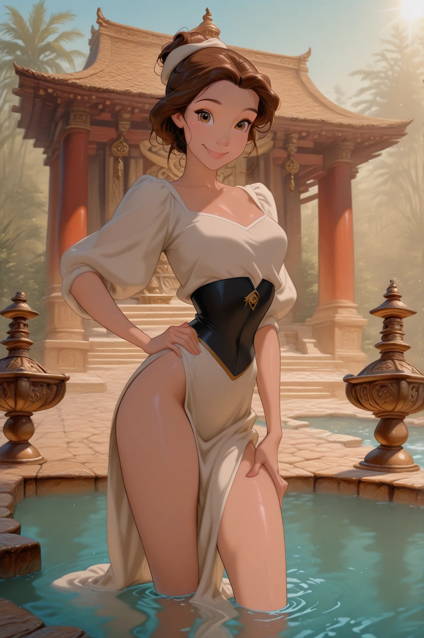 zPDXL,TianaXLP, hair bun, brown eyes, dark-skinned female, ((((Naked))))), necklace, elbow gloves, tiara, looking at viewer, smiling, standing, outside, courtyard, hedge, castle, sunny,