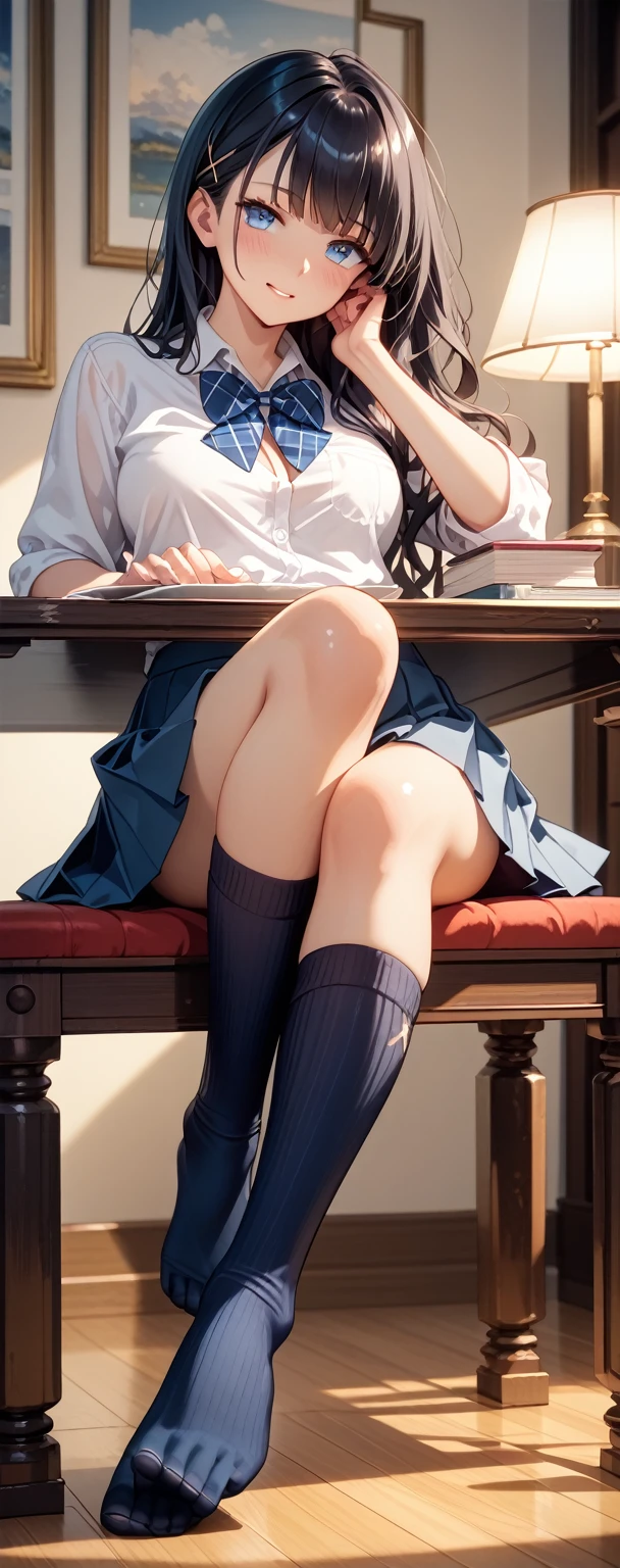 masterpiece highest quality high resolution、(cardigan), Sit with your knees apart、Beautiful feet 、I can see the pussy、On campus、As if looking up from below、Embarrassing、Beautiful Japanese woman in her 20s、Working on a computer at a window seat、Night view outside the window、Landscape screen size、