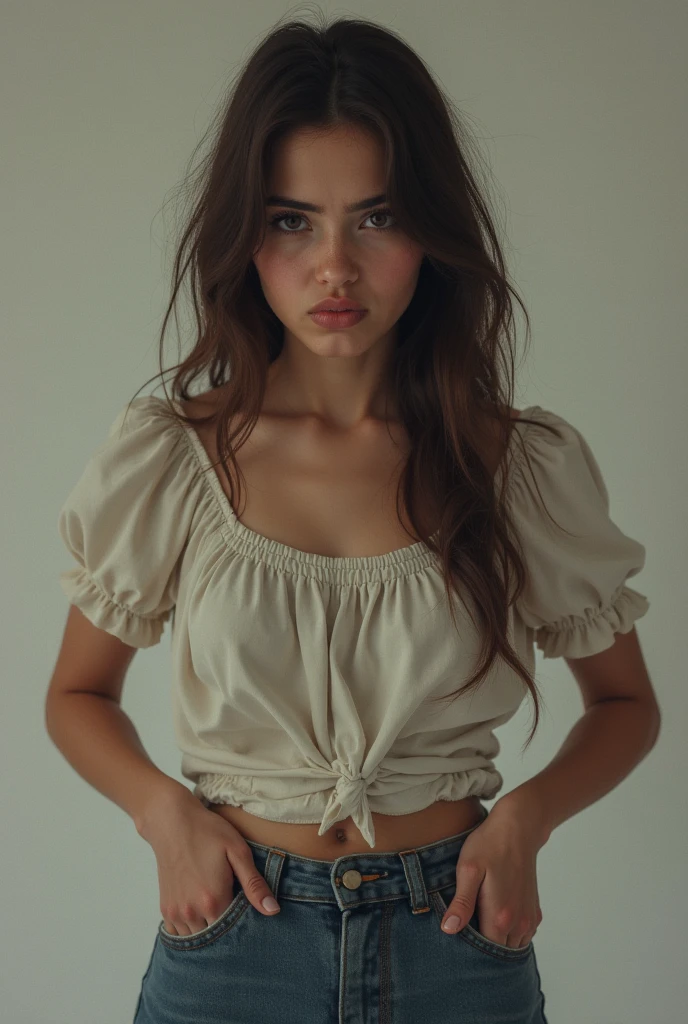 pictorialist style photo of a woman, (confused face expression), golden brown hair, striped off-the-shoulder blouse with denim skirt, cropped torso, under studio lighting, fisheyes view, shot on a Pentax 645Z