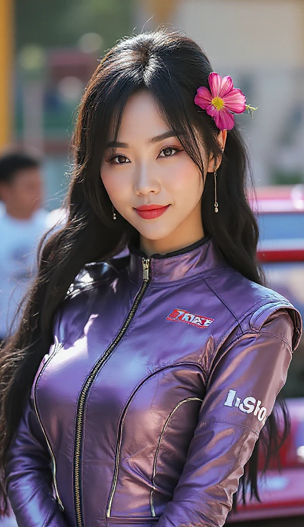 Highest quality，masterpiece，Ultra-high resolution, Very detailed, 8K，Beautiful 25 year old Japanese woman:1.5, Small face, Blonde, Breast Augmentation Surgery, (Detailed glamorous purple Taimanin suit:1.5)