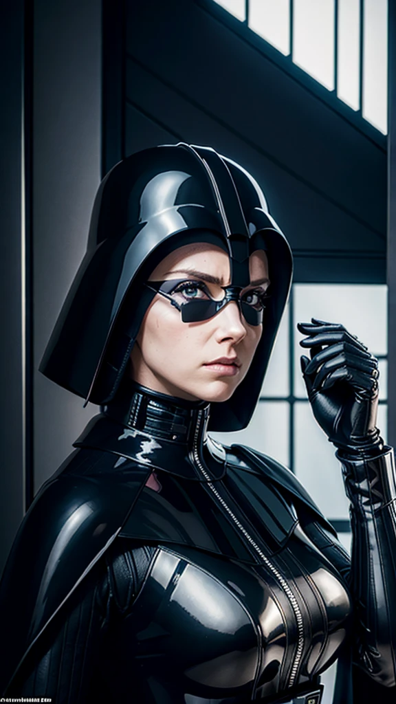 a photo of Esmée,full left side profile centered face,as black latex superhero,wearing a black latex suit,blue eyes,wearing large black latex coat,close up face portrait,having no hair,no lipstick ,85 mm,wearing no sunglasses,looking ???? smart