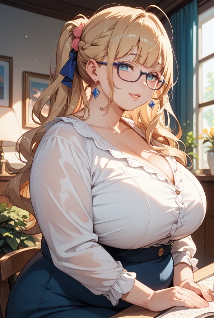 (((pregnant woman)))(((huge breasts))) ((Spread your)) (see-through))(((gigantic breasts))),(((large areolae)))(((large areolae))) (((large areolae)))(((vulgarity))in a cartoon painting of a woman dressed in a and glasses, 1girl, solo, breasts, pregnant, pantyhose, skirt, indoors, glasses, long hair, blonde hair, looking at viewer, blush, shirt, white shirt, jewelry, earrings, black skirt, bow, bowtie