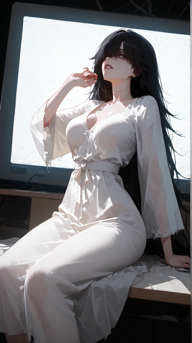  female , long hijab, white eyes, smile, beautiful, lips open,medium breast, realistic clothes, detail clothes, bedroom background, ultra detail, realistic, no clothes, (full body:1.3), open skirt by wind, cameltoe,  sexy, long dress, pashmina hijab, hijab, silk dress, shirtlift:1.5, lying down, angle from above,unbuttoned dress, no bra,big tits