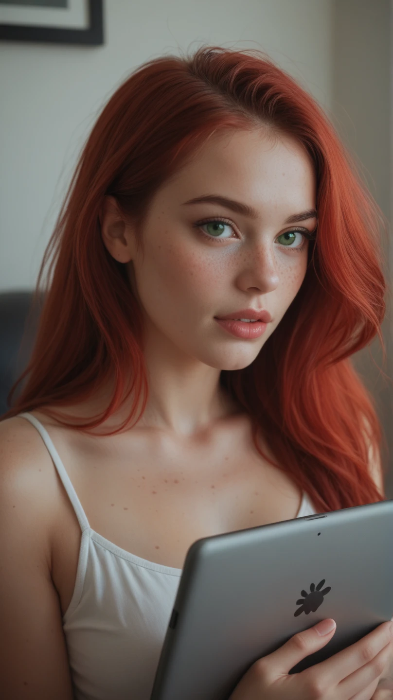 a girl ((naked))(( whit short wavy red hair)) ((standing)) ((in front a computer monitor typing at the keyboard)) ((( whit small breasts showing))) ((whit black collar around the nek)) ((with black panties and black fishnet stockings))(in a computer's room lit by many green lights)