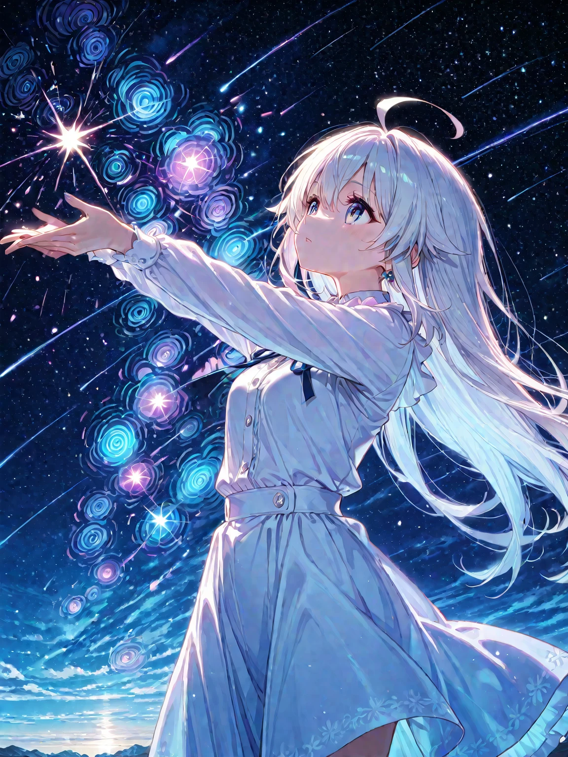 white arcs raining down from the sky, no people
