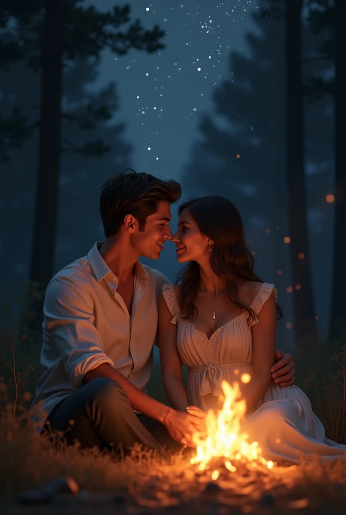 A couple in the middle of the night in a forest, looking at each other, one lying on the grass face up and the other looking down at him, with the moonlight illuminating slightly 