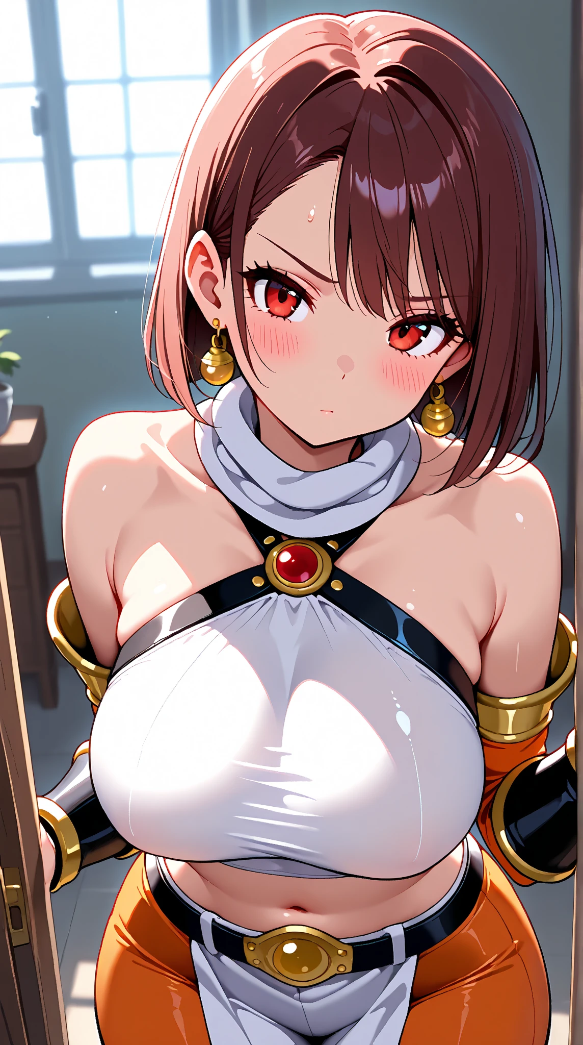 (MASTERPIECE), (Best Quality), (Ultra Detail), Official Art, One Girl, Black Haired Loli, Petite Little Girl, Priestess Loli, White and Red and Gold See-Through Dress, Off Shoulder, Small, Small, Small, Cleavage, Underboob, Thigh Focus, Navel, Card Illustration, Shrine