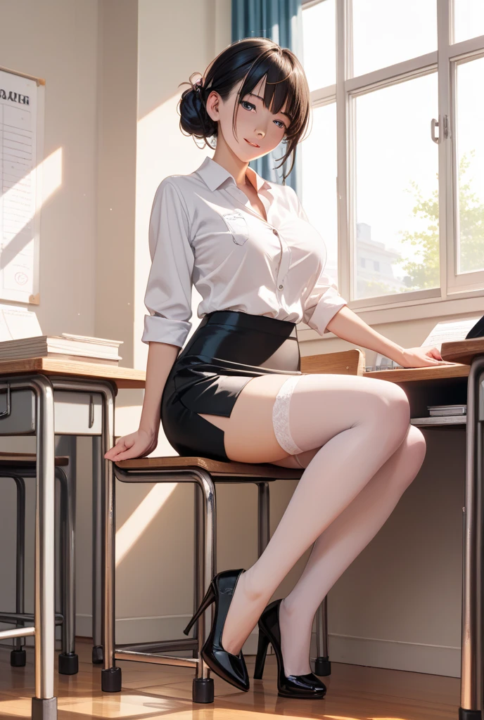 1 girl, glasses, (full body:1.2), sitting, (angle from below:1.1), (angle from the side:1.1), blush, (slim body:1.2), (huge breasts:1.3), (slender and long legs:1.1), black hair, short hair, white short sleeve shirt, pleated skirt, (navy blue socks:1.1), brown loafers,