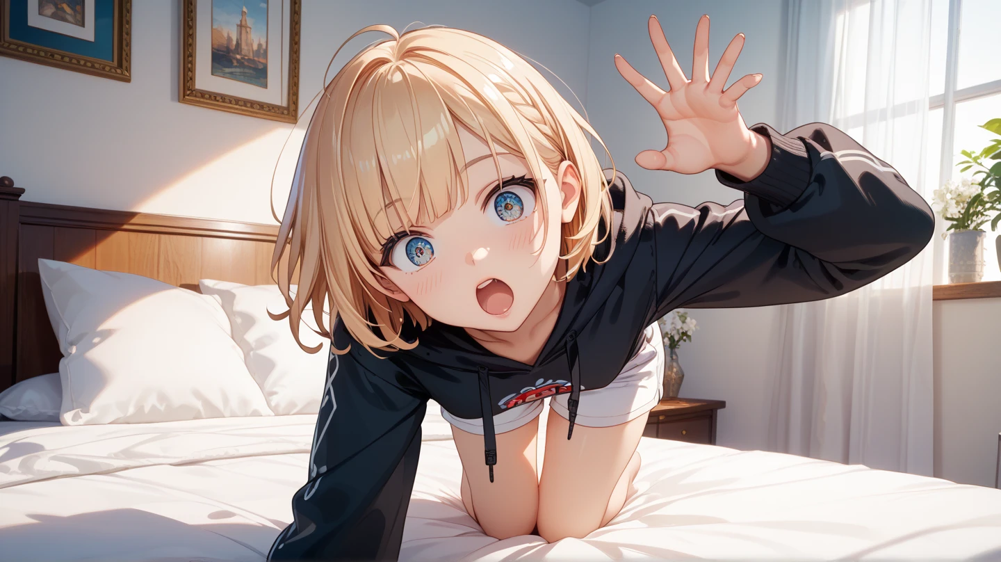 masterpiece, absurdres, best quality, ultra detailed, high Resolution, detailed illustration, bright colour, (extremely beautiful detailed face and eyes, Delicate beautiful face, 1 girl, cute face:1.3), (magenta eyes:1.1), sparkling eyes, big eyes, medium breasts, (perky breasts:1.1), (pointy breasts:1.1), medium hips, glamorous body, white skin, BREAK, long bob cut, (blonde hair:0.8), messy hair, detailed hair, shiny hair, BREAK (School Swimsuit, undressed, down blouse, Sideboob:1.3), perfect lighting, (embarrassed:1.3), (ecstasy, vulgarity:1.5), (trembling:0.8), full body, 