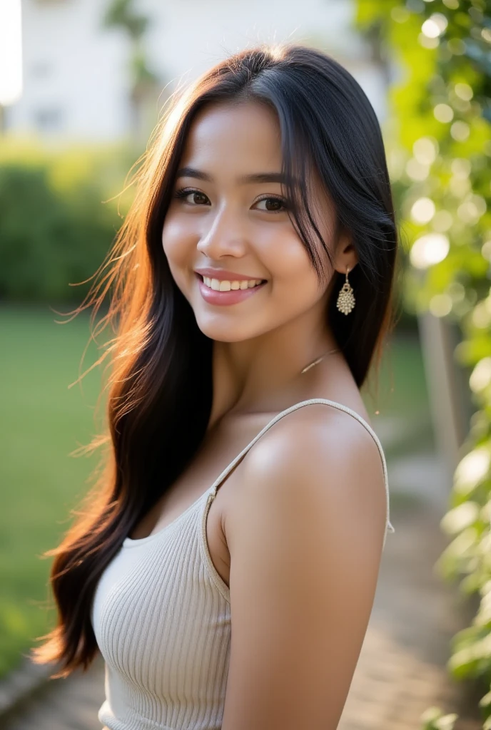 (RAW Photos, Realistic:1.4), Highest quality, masterpiece, 1 Girl, Small brass,Cleavage, Dark brown long hair, Big eyes, smile, lips、Short T-shirt、Micro tight mini skirt、Blowing in the wind、Skirt flip、Lakeside、8K, smile