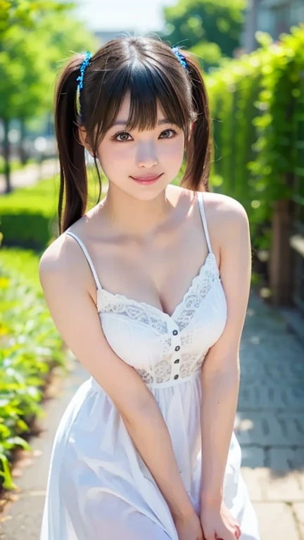 masterpiece, Highest quality，16K, Ultra-high resolution，The light and shadow of reality，Cinema Lenses，(Very skinny),(Very firm and beautifully shaped breasts),((Her skin is as white and beautiful as snow)),((Very slim and pure white beautiful thighs)),((Her waist is so slim and beautiful)),((She has outstanding style)),(Pure white beautiful skin),((Large, clear, beautiful eyes)),((Her face is very small and beautiful)),((Cute Japanese Girls)),((She is wearing a bright blue lace miniskirt dress.)),((Her ponytail is tied with a light blue scrunchie)),((Sitting in a beautiful meadow)),（Sexy pose),(Beautiful Eyes:1.1)，Reflecting clear eyes and a gentle smile,

