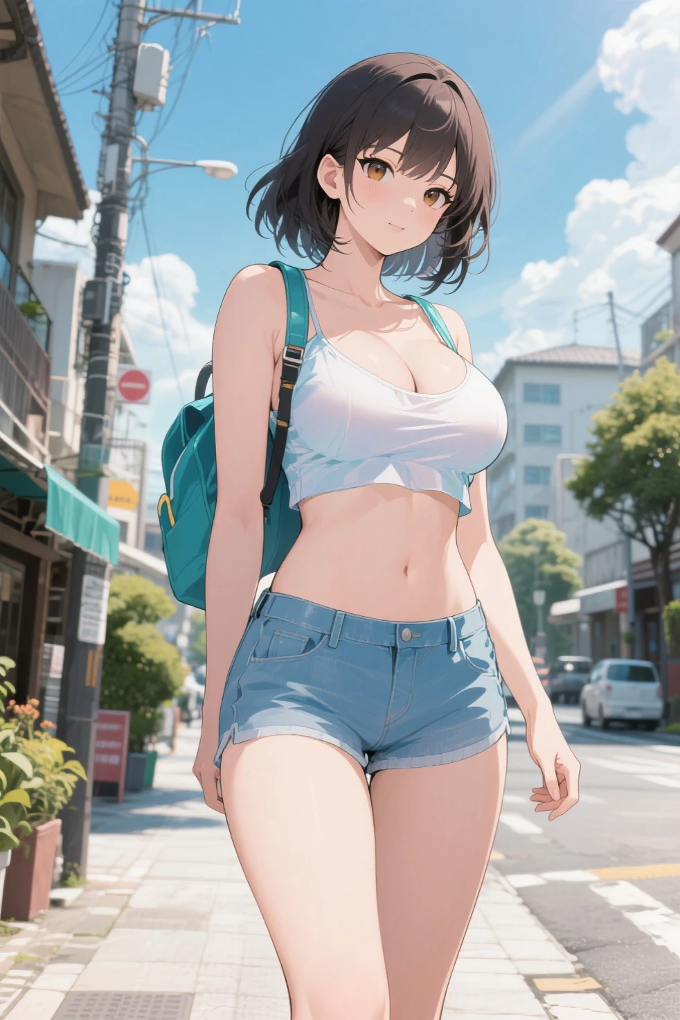 girl,Young,、teenager、(masterpiece,Highest quality),Street,Dark skin,(Brown Skin)、Completely naked,Bare shoulders、Gal、Blonde、passionate、Medium ponytail、(Underboob),Big Breasts,Cleavage,(stomach),Black mini tube top、looking at the camera、barefoot、Very short denim shorts,(Ultra Micro Shorts),Strong winds、No underwear、The skirt is blown up by the wind、solo、Are standing、barefoot、City