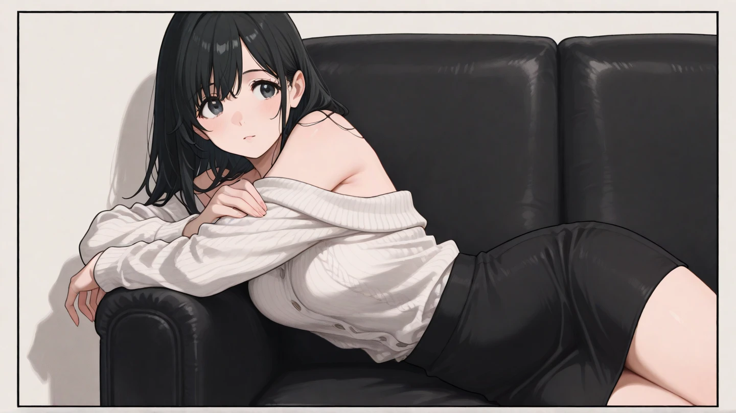 beautiful girl, long black hair, bangs, rounder face, droopy nose tip, small round red lips, round cheeks, intense dark round asian eyes, beauty spot above eyes, average body, chubby legs, soft stomach, short body height, flat body, sitting on a couch with a magazine and a cell phone