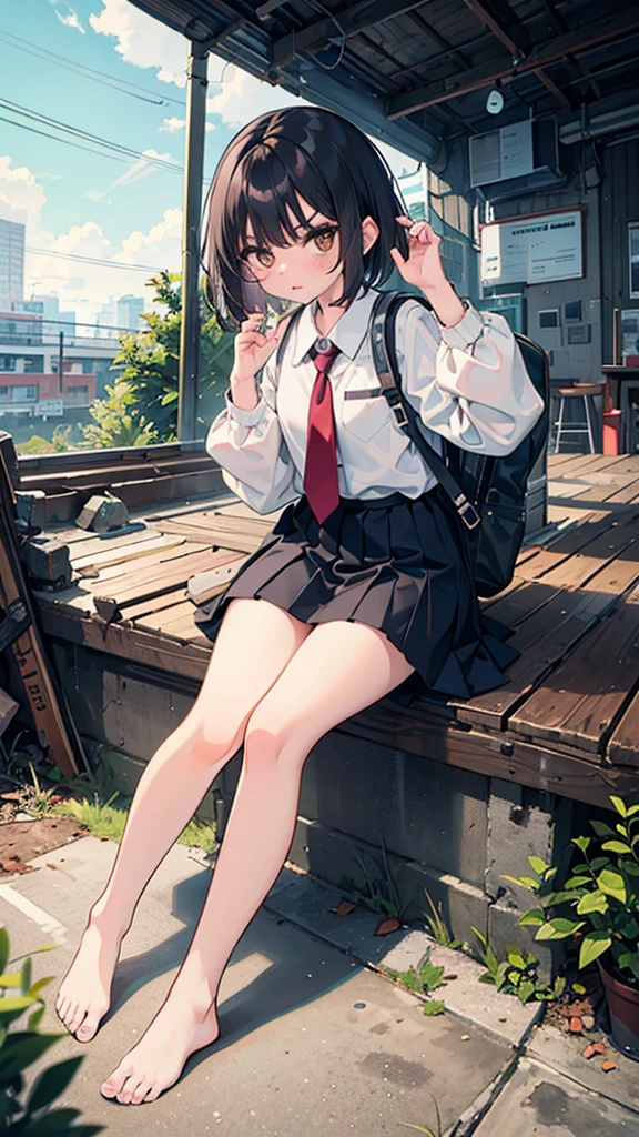 rating:safe, 1girl, skirt, black_footwear, sitting, black_hair, solo, pleated_skirt, boots, black_skirt, building, bangs, outdoors, long_sleeves, jacket, day, looking_at_viewer, brown_eyes, thighs, black_jacket, city, stairs, long_hair, sidelocks, bare_legs, arm_support, necktie, open_clothes, hood, blush, miniskirt, shirt, closed_mouth, shoes, knee_up