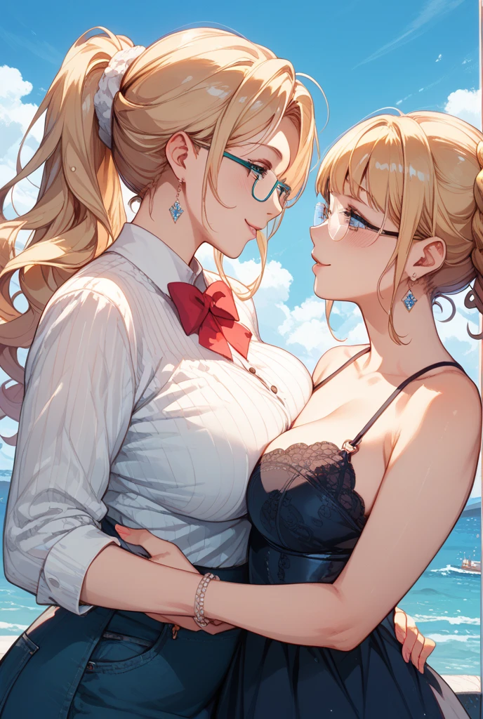 (High definition CGUnity 8k wallpaper), Rock musician、songstress、spot light、Hugging a Les Paul、Original Characters、Portrait of an amazingly beautiful girl、Lunette de soleil、Delicate beautiful attractive face with petite and seductive yellow eyes、Messily painted face、Sharp Eyebrows、glares、open open mouth、Stick out your fangs、Beautiful medium milk、Layered long twin tail blonde、Blush Eyeshadow、Dark eyelashes、Applejack Hat、masutepiece, High resolution, Whole body, eye glasses、Crouching Pose, 2 girls, Black Hair Bob, Long Blonde Hair, 16 years old, Beautiful Girl, Beautiful facial features、slender, Small breasts,  Growing from the crotch, erection, big erect, Glowing skin,  Licked, Being hugged from behind, Stimulate the , Kissing, agony, , Splashing , abundant splashes on the body and face,,,,,,,,,,,,,,,,,,,,,,,,,,,,,,, School, crass room, open underwears,
,Makima \(chain saw man\),hiqcgbody