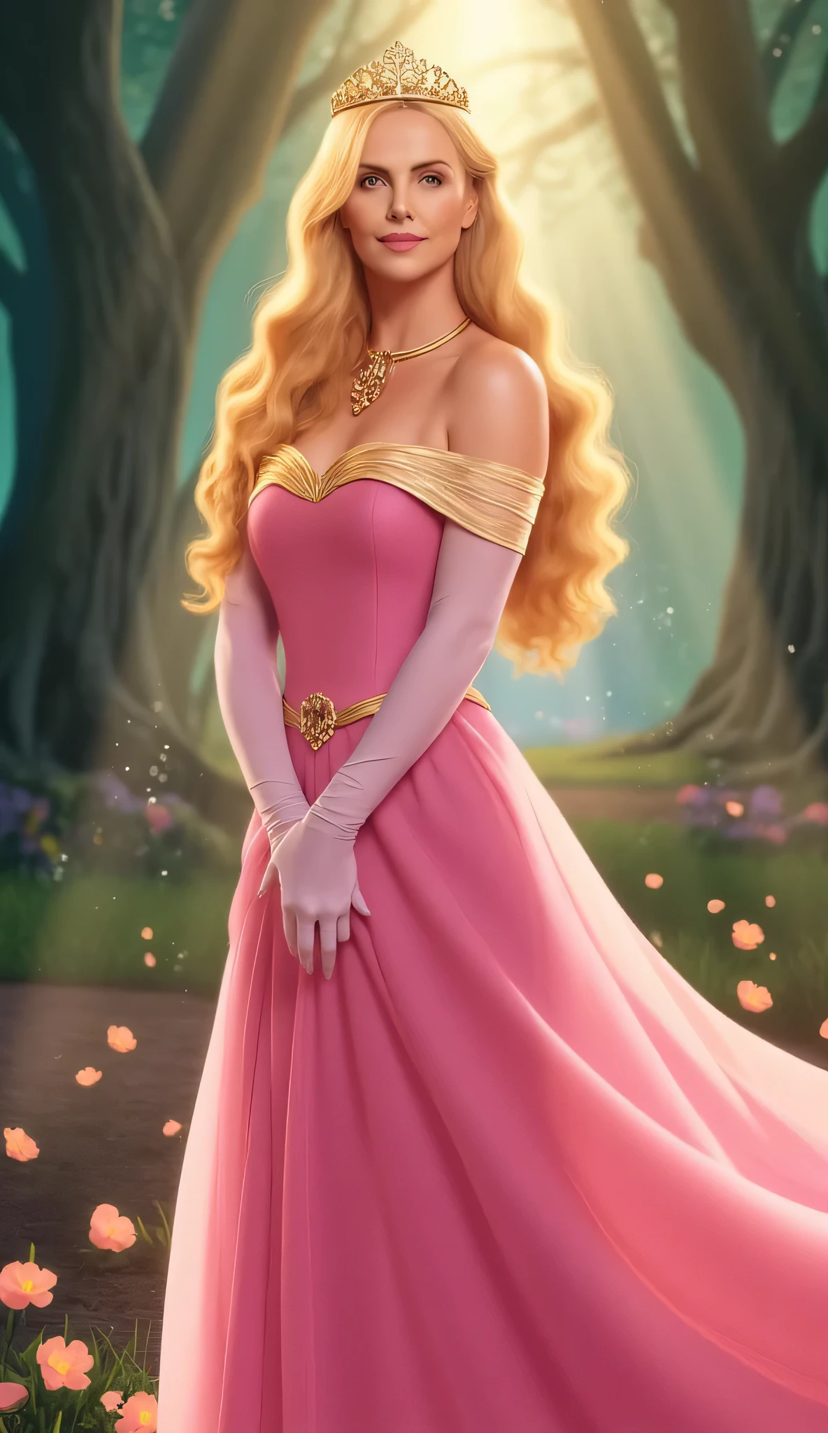 "Full-body portrait of Charlize Theron as Princess Aurora from Disney's Sleeping Beauty, wearing a flowing pink royal gown with off-the-shoulder sleeves and golden accents, long wavy golden hair, a delicate gold crown, standing in an enchanted forest clearing with glowing flowers, soft beams of sunlight filtering through the trees, magical sparkles in the air, fairytale atmosphere, Disney animation-inspired style, realistic facial features with elegant and serene expression"