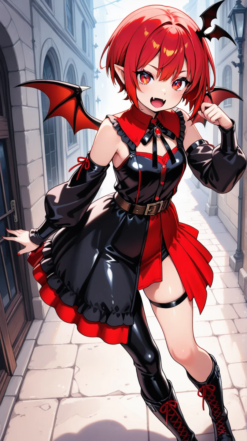masterpiece, best quality, 1girl, solo, red eyes, silver hair, red streaked hair, demon girl, demon tail, demon wings, demon horns, square pupils, (small breast), street, full body, (night, night sky, red moon), (winter)
