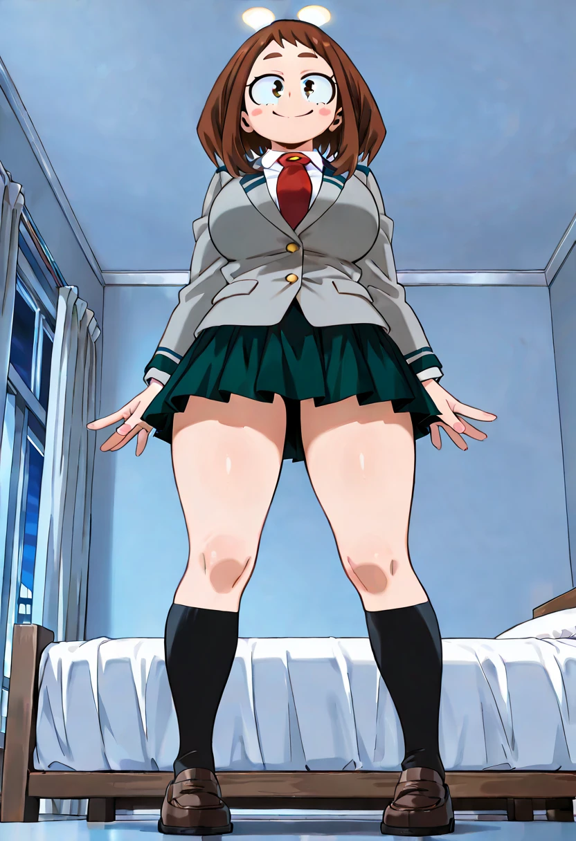 (1980s style, cel anime, retro art style, clean brush stroke, highly detailed, perfect anatomy, NSFW), class room background, 1girl (solo:1.5), eyebrows visible through hair, bangs, dark brown hair, blue eyes, down turned eyes (sanpakugan:0.0), open eyes (beautiful detailed eyes:1.2), looking at viewer, open mouth (stick out tongue:0.0), (orgasm:1.0), slouch, crouching, red thin bow tie, white shirt, dark blue blazer (open clothes:1.0), dark blue skirt (lift by myself:1.3), narrow waist, small ass, (ekstand split:1.4), standing sex (standing split:1.4), splitting legs (leg stretching:1.4), (female pubic hair:0.0), skinny legs, bare legs, tiptoe, female masturbation (crotch rub:1.0), school uniform,
