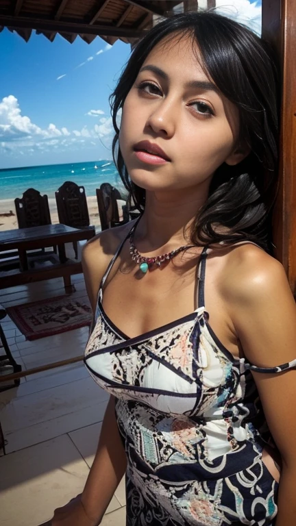 1 girl named Renata Samaa, 19 Jahre alt mit langen schwarzen Haaren, wearing an attractive bikini, Instagram-Modell, 26mm, esthetic, Realismus, Instagram-Modell picture, closeup portrait, Sonnenuntergang, Feminin, Ansicht von oben nach unten, schaut direkt in die Kamera, kokette Pose, am Strand