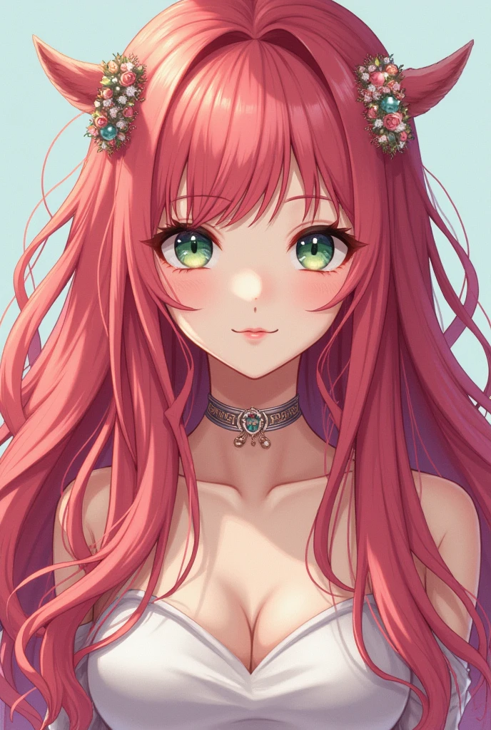 teenage girl with long pink hair, emerald green eyes, and large breasts. Anime