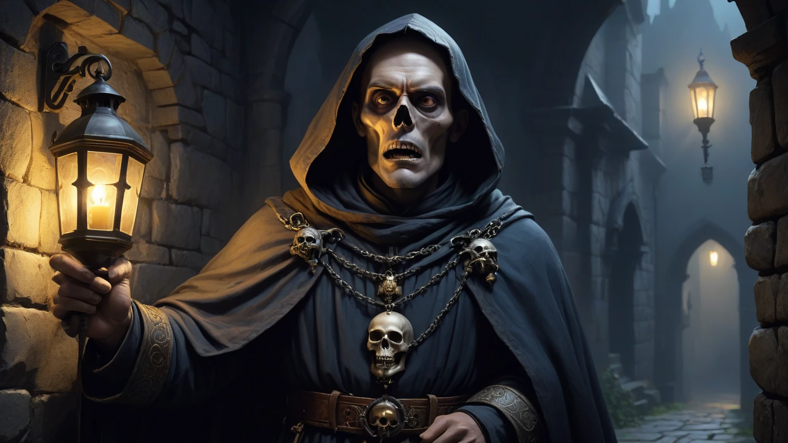 Undead skeleton in medieval era merchant clothes holding bag of money laughing