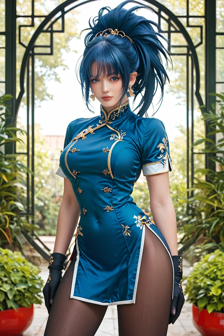 ch3rryg1g, ((Masterpiece)), ((ultraHD)), Women with Glock 19 strapped to her thigh (massive breasts, full lips), ((Chinese)), ((Asian)), dark teal blue hair, unruly shaved side mohawk, mascara, eye shadow, tall, wide hips, giant , qipao