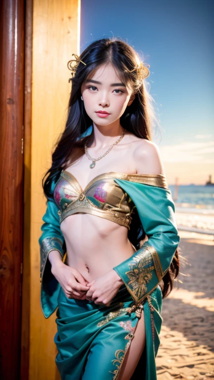 masterpiece,best quality,1girl,Ultra-realistic 8k CG,masterpiece,best quality,(photorealistic:1.4),HDR,absurdres,Professional,RAW photo,lens flare,(film grain:1.1),Bokeh,((Depth of field)),studio light, a woman is kneeling down and ,1girl, black_hair, day, from_side, horizon, lake, lips, long_hair, long_sleeves, mountain, nose, ocean, outdoors, river, scenery, shore, sky, snow, solo, sunrise, upper_body, water, waves, Highly detailed,Professional,extreme detail description;,, masterpiece,best quality,1girl,__character__, solo, upper body, looking down, detailed background, detailed face, (tropical jungle theme:1.1) middle-eastern desert ruler, dark purple arabic garments, ornate jewels, shawl, geometric motifs walking, arabic culture, cliffs in background, sunshine, cinematic atmosphere,,(((girl))),Large breasts,