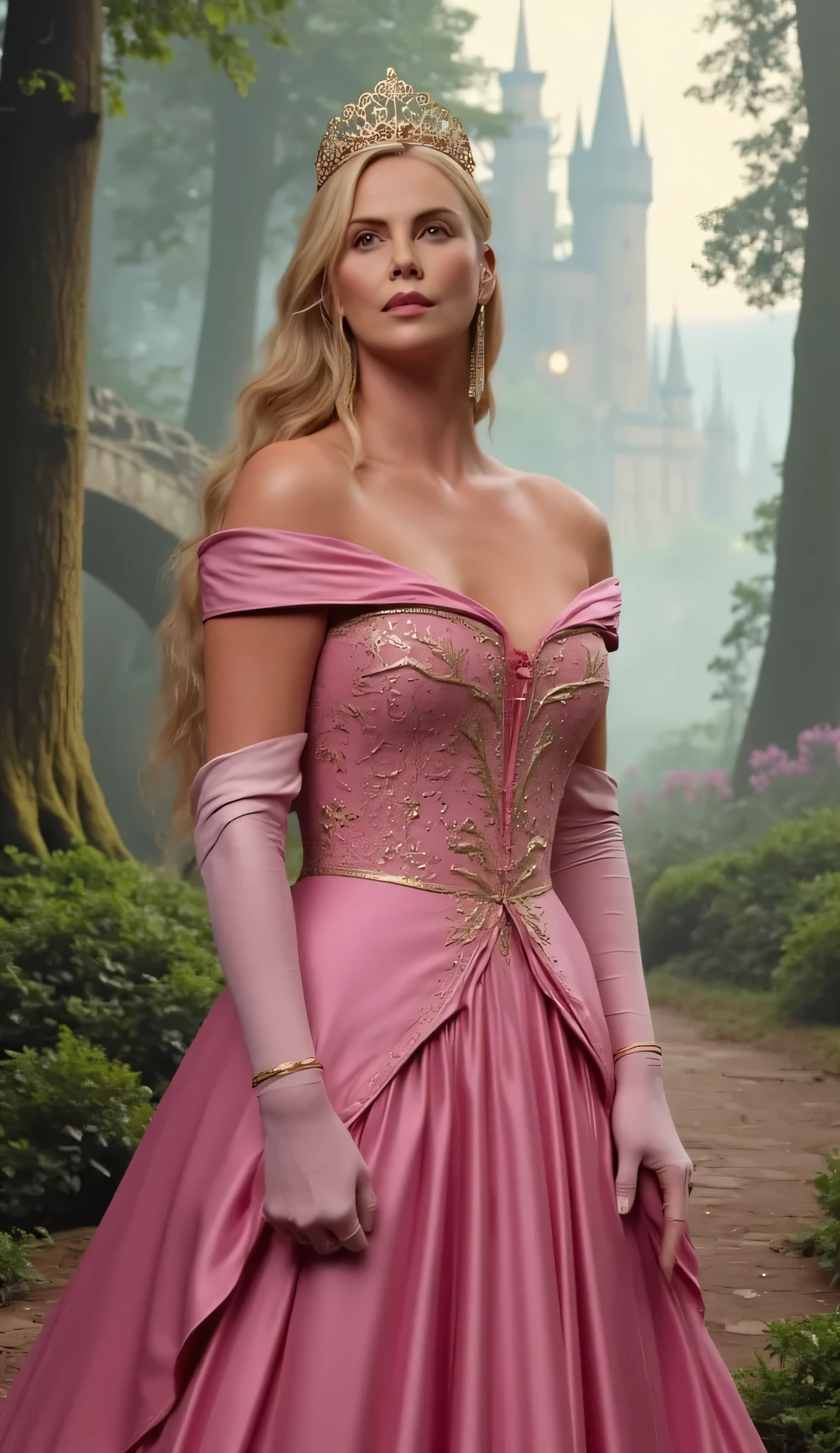 "Full-body portrait of Charlize Theron as Princess Aurora from Disney's Sleeping Beauty, wearing a realistic version of the classic pink gown with elegant embroidery and off-the-shoulder design, long golden wavy hair and a delicate gold crown, standing in a beautifully stylized enchanted forest with tall trees, soft morning light filtering through the mist, faint glowing flowers and vines, and a distant fairytale castle partially hidden in the background. The setting is inspired by the Disney animation but rendered in a realistic, cinematic style — soft lighting, magical realism, graceful atmosphere, highly detailed face with a serene expression."