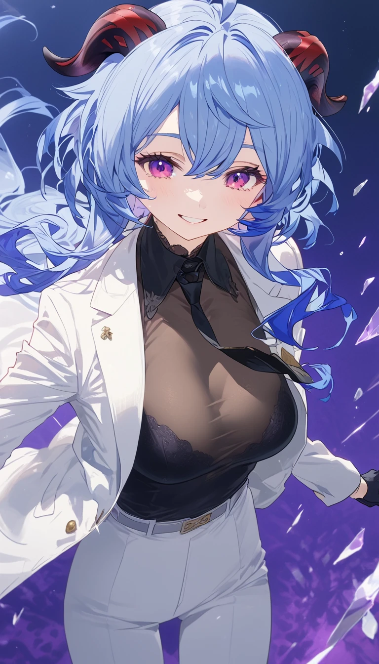 masterpiece, best anatomy, perfect anatomy, gossamer, 1girl, solo, looking at viewer, short hair, blue eyes, large breasts, simple background, white background, jewelry, jacket, upper body, purple hair, parted lips, open clothes, necklace, lips, grey eyes, freckles, realistic