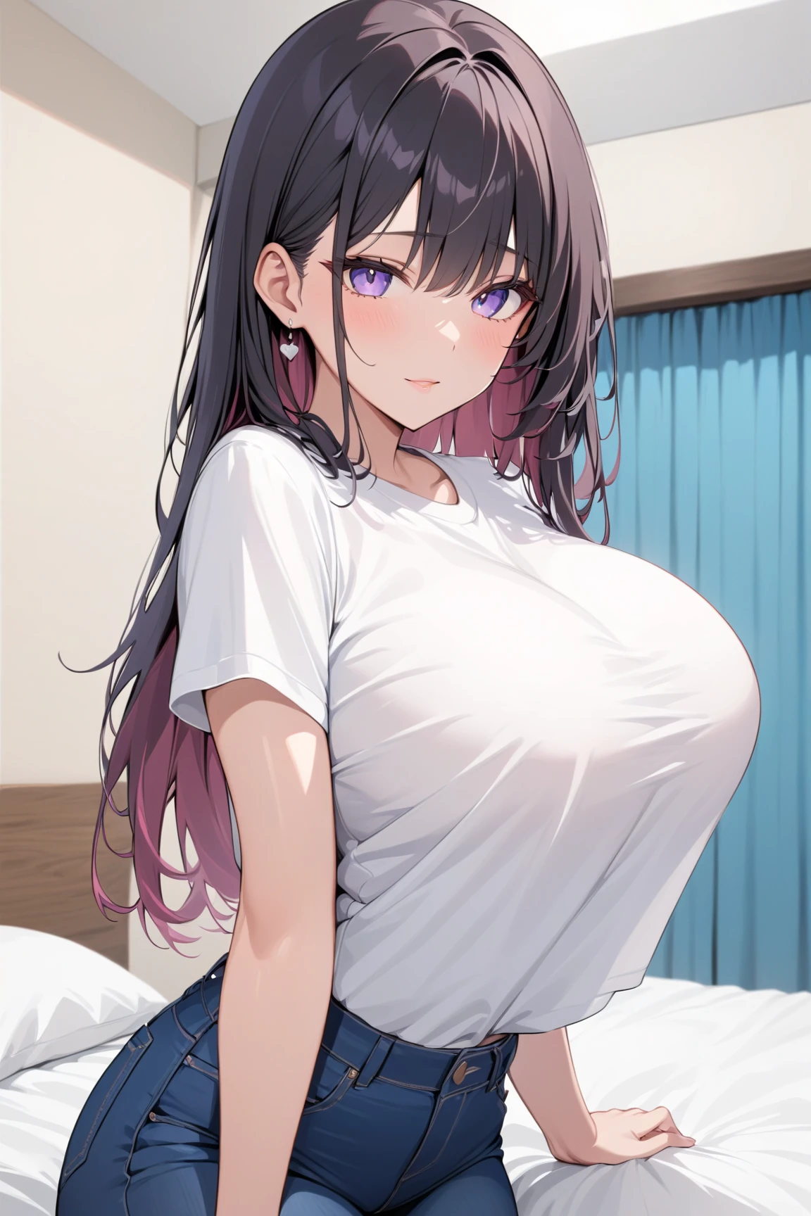 T-Shirts、4-year-old、、he is short、Extremely large breasts、Huge breasts、full body、closed eyes smile、Open your mouth、room
