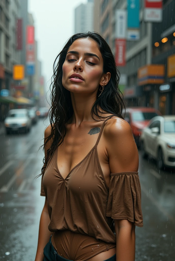 She a simple girl with a food heart that is trapped in a city of darkness. Selfie standing in the middle of the street while its raining. She bi racial with curley dark brown hair, and ligjt brown skin, large breasts with a see-through tank top,
