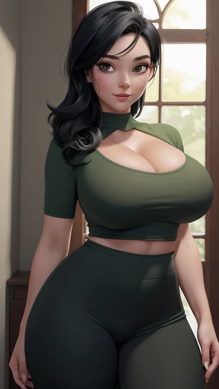 (masterpiece, best quality, hires, high resolution:1.2), (extremely detailed, realistic, intricate details, highres), 1girl, solo, blush, freckles, eyeliner, eyeshadow, eyelashes, wearing fishnets thighhighs, oversized t-shirt, (nipples visible through shirt), and combat boots, (large breasts, thick thighs, wide hips), indoors, (cinematic lighting, sunlight, volumetric), looking at viewer, eye-level shot, close-up shot.