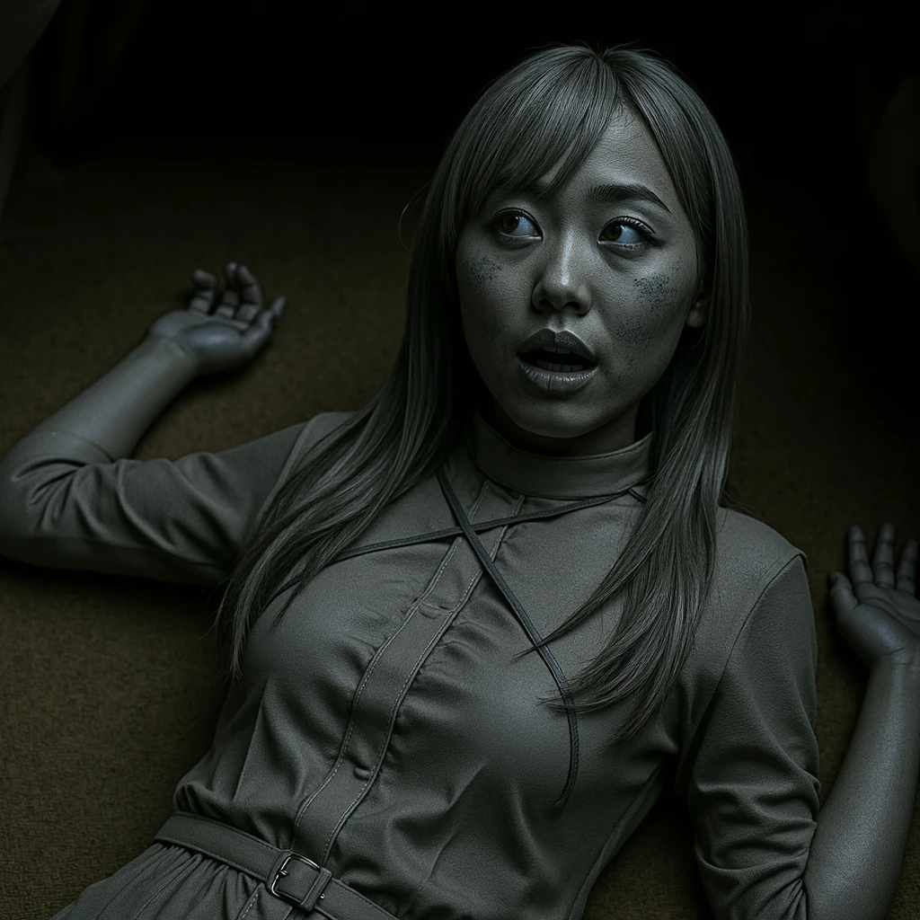 horror film, yamamura sadako, A ghost crawling out of a small static-lit CRT television through a portal, A perfect smile、Mischievous smile、Lighting screen,Face the viewer, (Crawling Pose),Large, fully furnished living room, both hands on the floor, bending over in Crawling Pose with two hands press on the floor , "To Heheh" and "ring,"Super long black hair,Faces scarred by decay, Covered in scars, and eyes bearing the scars of burns,Wearing a white robe, ,,Crouch down from the frame of the TV screen, ugly, Hate Speech,,Creepy look, ((An old water well and forests shown in the lighting tv screen frame)). An eerie light emanates from the TV screen, Casts an ominous shadow on the wall. Her eerie appearances begin. Half came out, Her ghostly fingers grip the ground, blurring the lines between the digital and the physical,
