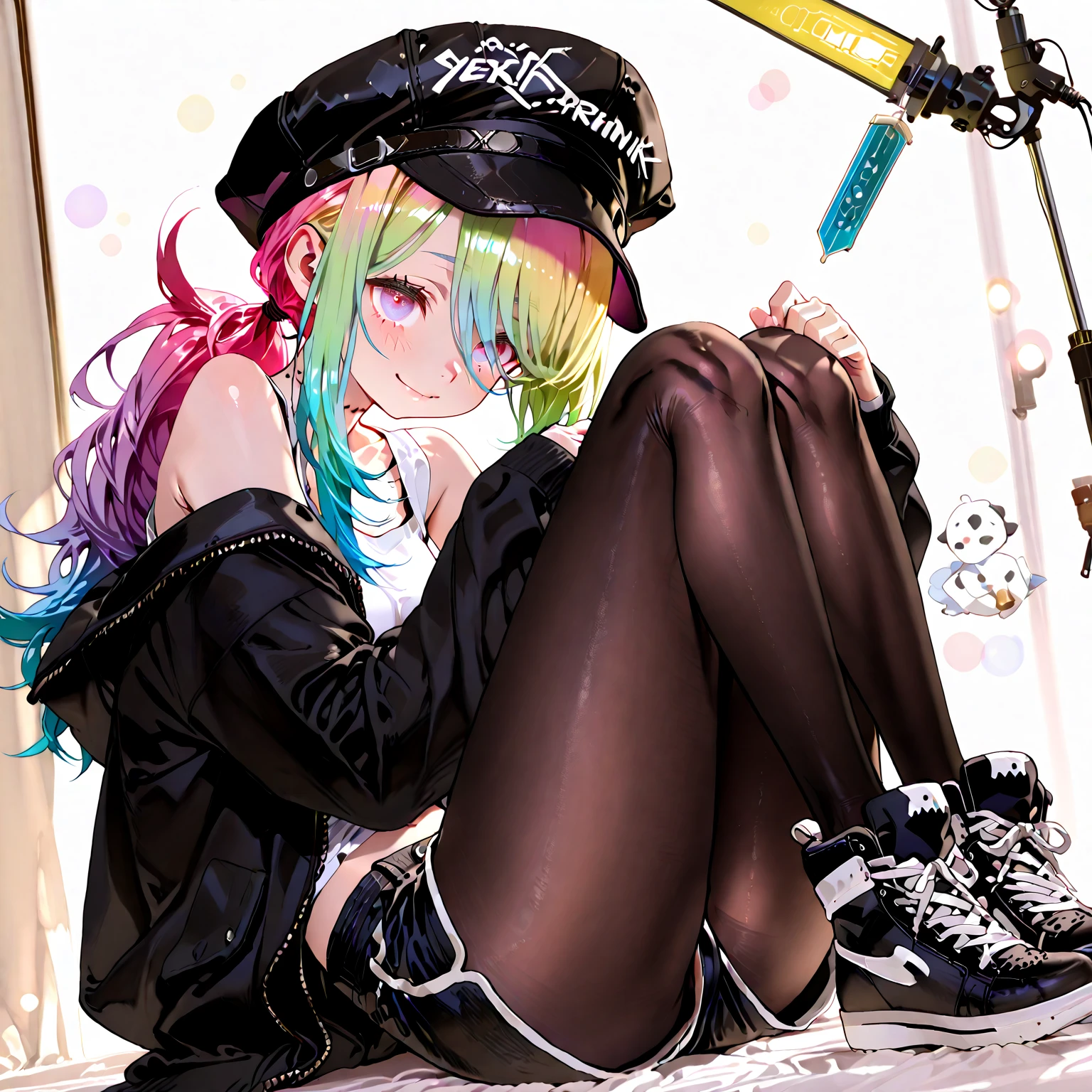 masterpiece, <lora:kung_fu_piggy-23:1> kung_fu_piggy, 1girl, looking at viewer, smile, short hair, open mouth, black hair, 1boy, holding, green eyes, blue hair, jacket, weapon, hairband, one eye closed, sky, shoes, pants, blunt bangs, black jacket, gun, night, robot, building, sneakers, star (sky), science fiction, city, space, yellow hairband, spacecraft, ufo