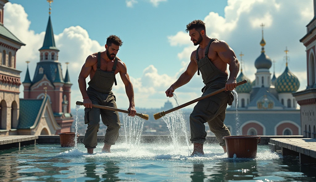 two buff surprised soaking wet twenty year old frat bros with soaked hair wearing soaked hockey uniforms. several hockey players in briefs pour buckets of water over them.
