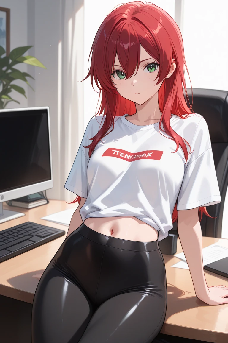 (Uhd, Masterpiece, Textured Skin, Super Detail, High Details, High Quality, Best Quality), Detailed Face, 1woman, mature pretty woman, Long red hair, (Black crop top shirt), (black pants), (Huge Body:1.5, tall), sitting on a chair behind a office table, (Low-sized breasts), (Office room)