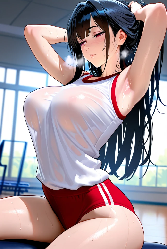shiny skin,photorealistic, mayumi saegusa, black hair, long hair, , ribbon, red eyes, medium breast, a very sexy and nude woman sporting a pair of blue briefs by a computer, breasts, 1girl, navel, l, armpits, large breasts, outdoors, looking at viewer, arms up, solo, bla, sky, day, cameltoe,, blush, bangs, sports bra, stomach, buruma, blue sky, nipples, shirt lift