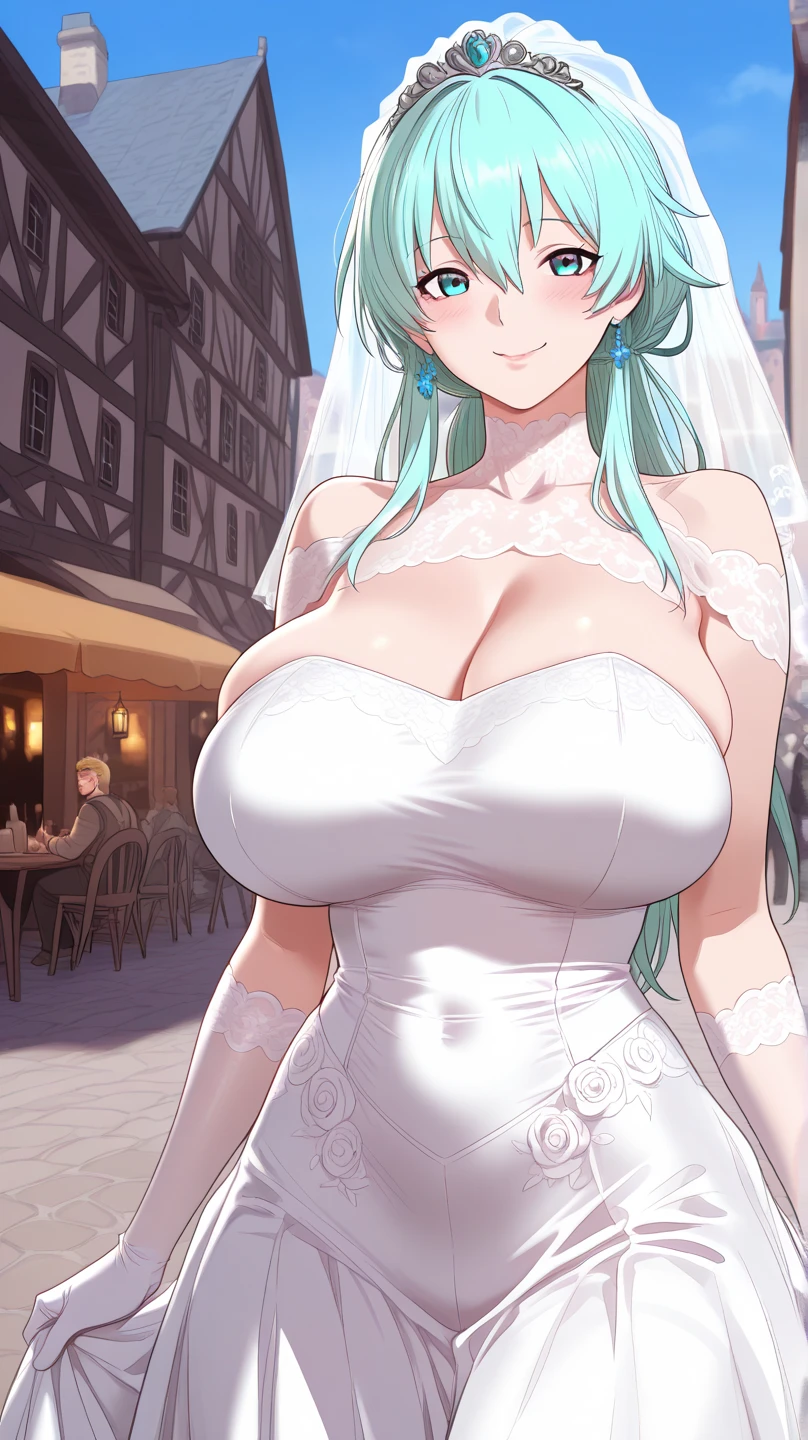 (Best Quality,unparalleled masterpiece ever:1.4),Ultra-Detailed CG 4K,(Ultra-Detailed Clear Absurdly-Vivid Mint Big Eyes:1.2),Gorgeous Round Detailed Face(Voluptuous:1.4)elf(huge-breasted:1.8),(Bangs, side locks:1.2)elf惑的なオッパイ(Intricately detailed wedding dresses:1.3)(Solo:1.4)(1girl in: 0.5)(face to the viewer:1.2)(arms behind back:1.2)(Cowboy Shot:1.2)(From above:1.1),Skindentation(Curve美:1.4)(Curve:1.4)(Normal waist: 1.2)(thick lips: 1.3)a small nose(lightsmile: 1.2)