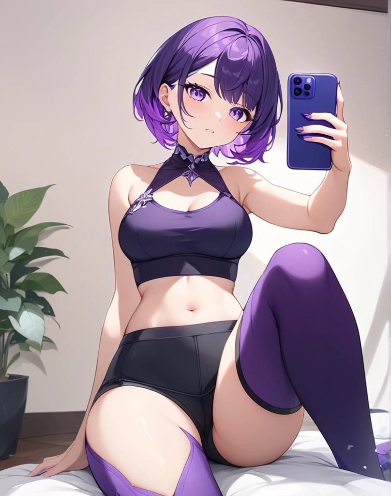 pale woman, short pixie cut purple hair, some hair on the back of her head, big earring, half lidded eyes, looking straight ahead, black eyeshadow, very massive huge breasts, very busty, small waist, wearing a very skin-tight plain white t-shirt, expressionless, wide hips, thick thighs, large thighs, black bikini, thick legs, barefoot, tiny feet, black nail polish, full body shown, on the floor, giving a footjob while she’s reading on her phone, holding her phone, bored