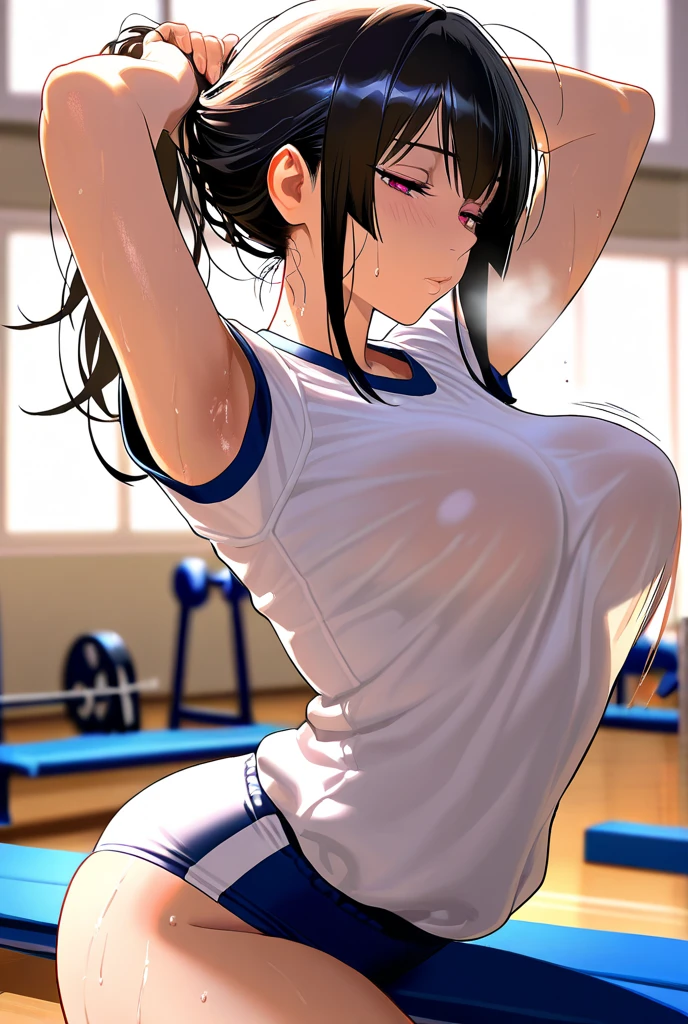 ((Browsing Caution))、Ultra-High resolution、High resolution、Highest quality、beautiful girl、Short black hair、Slim and model-like、((Gym、trainer))、((training))、((White T-shirt))、(((Squat)))、Big Breasts、(((Sweat)))、(((全身Sweatでびしょ濡れ)))、(((Sweat染み)))、(((Body odor、body odor)))、(((Pussy、Love Juice)))、No underwear、(((Pussy)))、Nipples become erect、White sneakers、White socks、blush