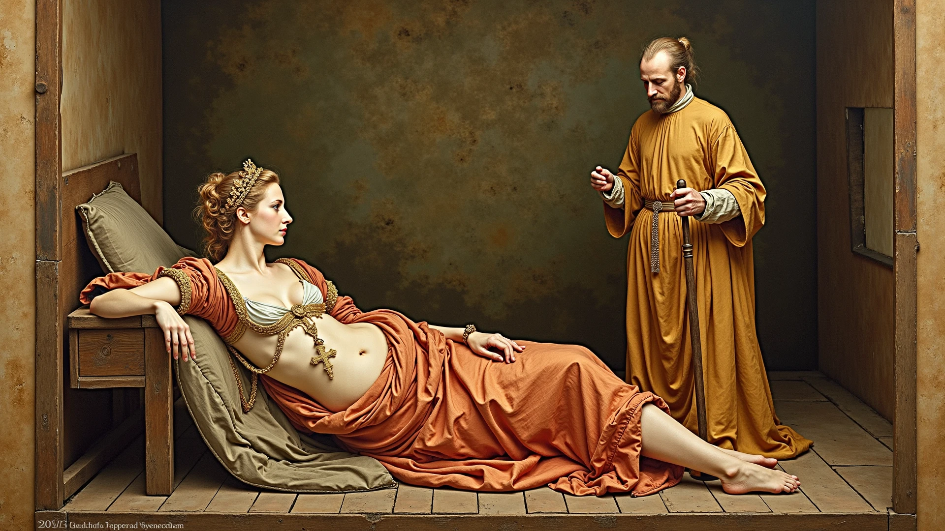 ((best quality)), ((masterpiece)), (detailed), 1 man and two women in a dramatic situation, one of them reclining on a vermillion-colored lounge chair dressed in silk fabrics, in a Renaissance room, the other woman She is standing next to her in a prayer position, the man has a bouquet of roses in one of his hands, golden composition, medium shot, with vibrant colors, composition and type of painting Caravaggio style.
