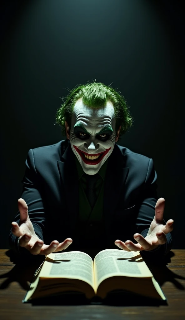 Businessman dressed as a clown, with Joker makeup, sitting at a table, with both arms on the table