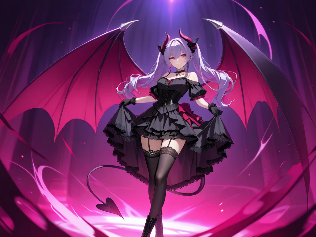 a very beautiful, sexy, succubus woman, long white hair, pink eyes, large bust, wearing a low-cut dark purple leather top, short provocative black skirt with purple leather details, black lace pantyhose, with purple bat wings, with two thick horns,