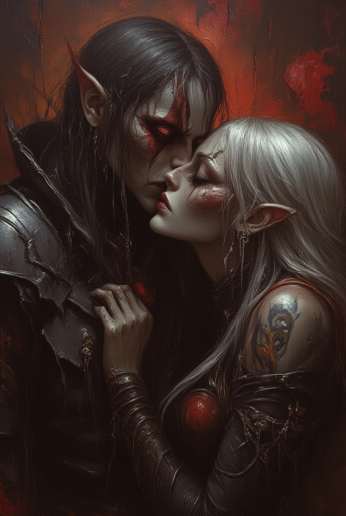a stunningly intricate close up portrait of a romantic werewolf humanoid couple, in a dream action pose, with very long wild messy hair, blood splatter, ice and flames, in a mesmerizing beautiful dream like romantic exotic, passionate love making scene, (((luis royo and julie bell h.r giger inspired fantasy mythological god of war, underworld death shadow being))) representing a (((sinister maniacal insanity))) that defies human form, with advanced photorealistic techniques applied, hyper-detailed features that are both unsettling and alluring, dressed in advanced metallic armor that complements its otherworldly appeal, with advanced lighting and hdr support, advanced shading techniques employed for a truly lifelike depiction, advanced rendering techniques such as subpixel anti-aliasing and ray tracing supported, created in a style that transcends this world