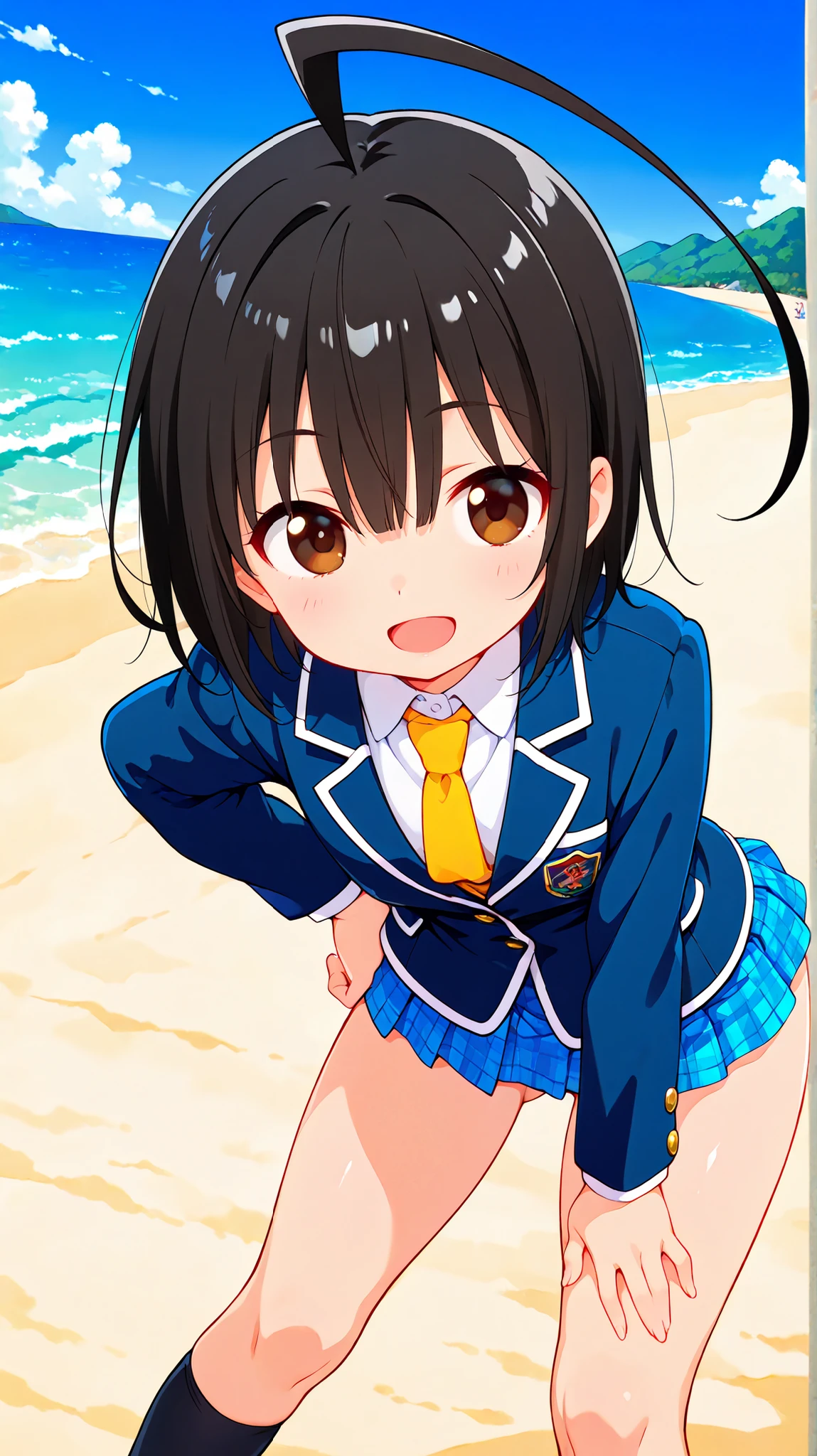nsfw,((anime style)),score_9, score_8_up, score_7_up,masterpiece, best quality,ultra detail,(((beach))),huge ahoge, negishi masako , 1girl , ((solo)),short hair,black hair ,long bangs,brown eyes,(Flat Chest),school uniform,(((blue blazer))),light blue checkered Pleated mini skirt,((((((mini skirt)))))), Yellow necktie,standing,(((black sox))),((ass visible through thighs)),((A glimpse of her thin thighs)) ,hands on hip,(((contrapposto))),((((open legs)))),((dramatic angle)),((open mouth smile)),((cute face)),(((((leaning forward))))),((focus on face))