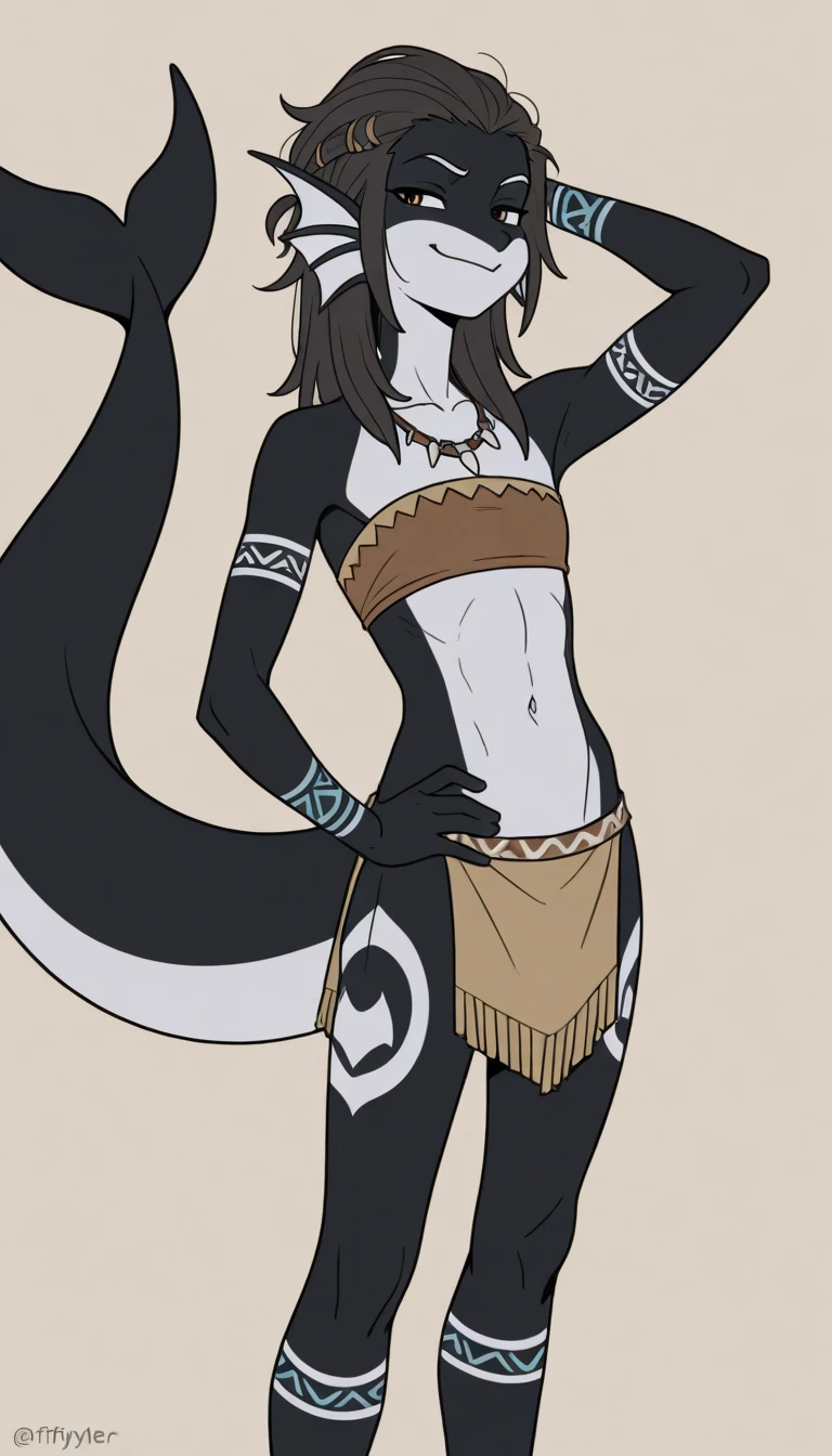 Femboy, fair skin, ninja outfit, ninja mask, fox ears, 9 fluffy tails, cleopatra long hair, 4 arms, full body.